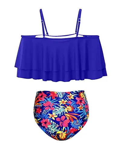 Ruffle Off Shoulder Two Piece Bikini For Women-Royal Blue Floral