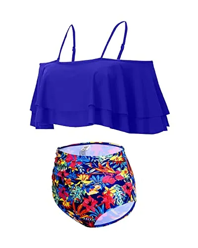 Ruffle Off Shoulder Two Piece Bikini For Women-Royal Blue Floral