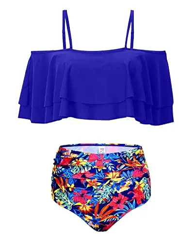 Ruffle Off Shoulder Two Piece Bikini For Women-Royal Blue Floral