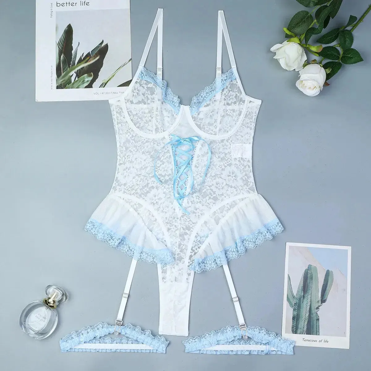 Ruffled Lace Skirt Fantasy Lingerie Bodysuit