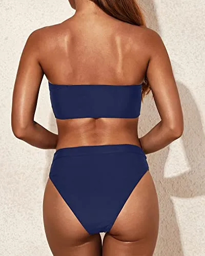Sexy High Cut Two Piece Bikini Set Removable Padding Cheeky High Waist Bikini Set-Navy Blue