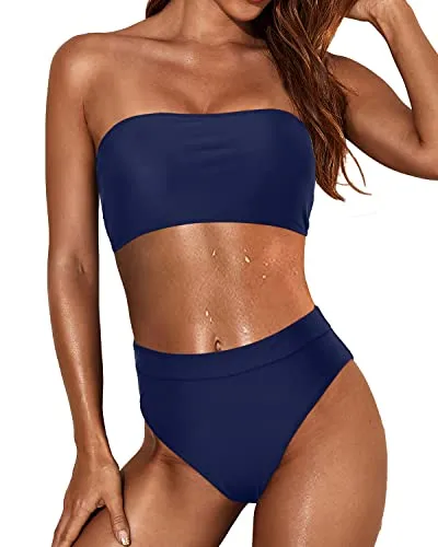 Sexy High Cut Two Piece Bikini Set Removable Padding Cheeky High Waist Bikini Set-Navy Blue