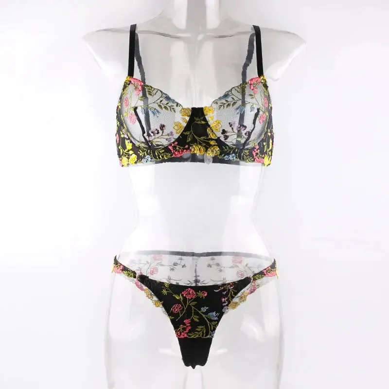 Sexy Lace Flower Embroidery Lingerie Set