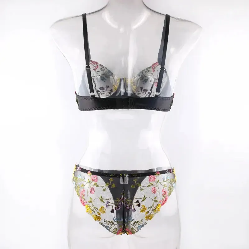 Sexy Lace Flower Embroidery Lingerie Set