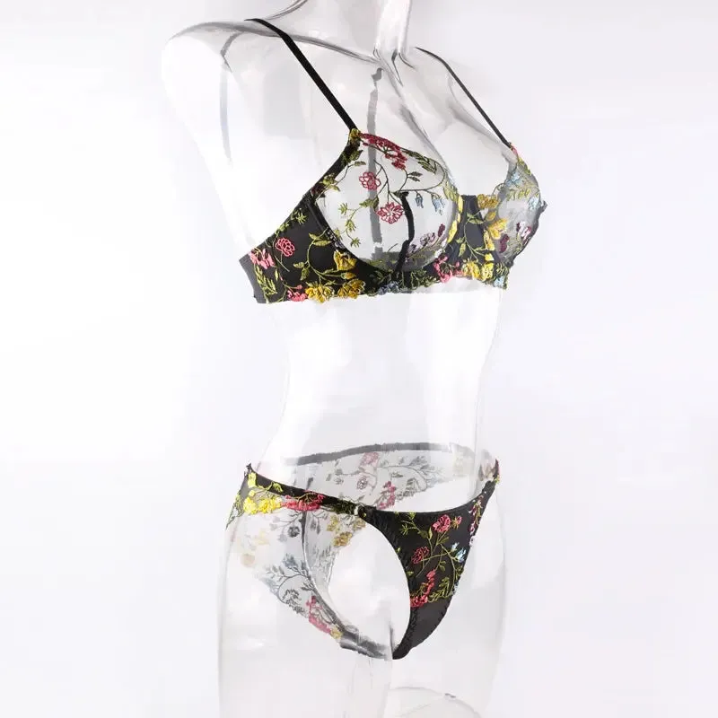 Sexy Lace Flower Embroidery Lingerie Set