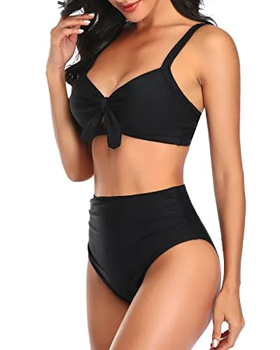 Sexy Tummy Control Ruched Tie Knot Bathing Suits For Women High Waisted Bikini Set-Black