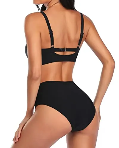 Sexy Tummy Control Ruched Tie Knot Bathing Suits For Women High Waisted Bikini Set-Black