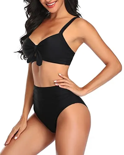 Sexy Tummy Control Ruched Tie Knot Bathing Suits For Women High Waisted Bikini Set-Black