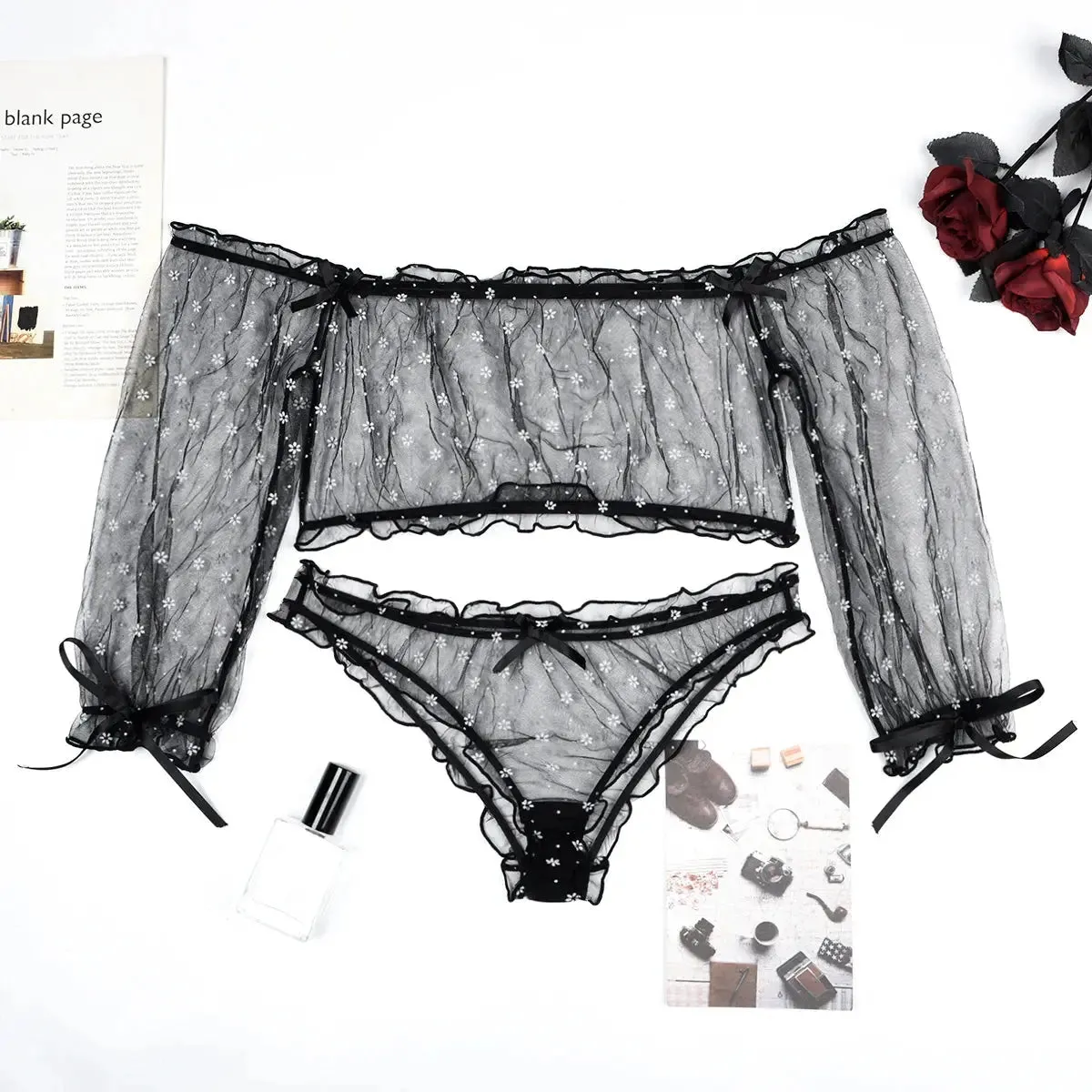 Sheer Floral Drop Shoulder Ruffle Lingerie Set