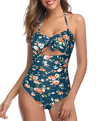 Shirring Side Bathing Suit Halter Backless One Piece Swimsuits-Blue Green Flowers