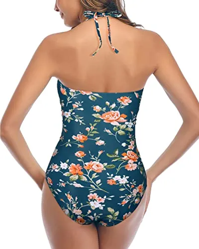 Shirring Side Bathing Suit Halter Backless One Piece Swimsuits-Blue Green Flowers
