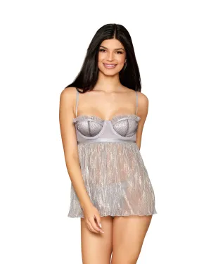 Silver Mini-Pleated Mesh Babydoll & G-String Set