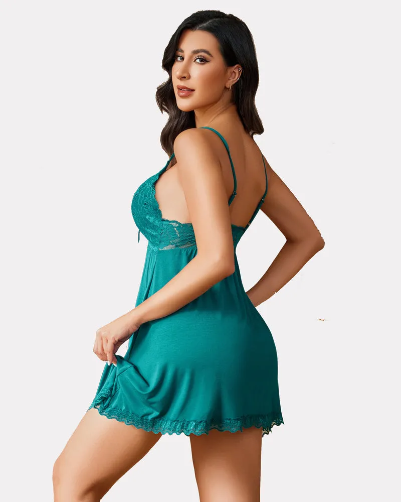 Solid Babydoll Lace V-neck Lounge Dress