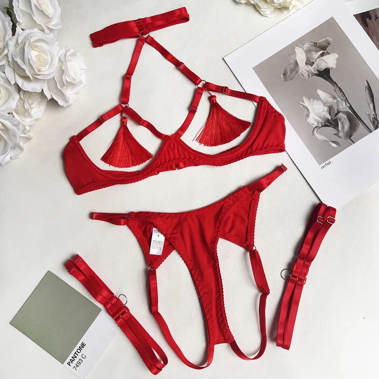 Tassel Open Bra Crotchless Lingerie Set