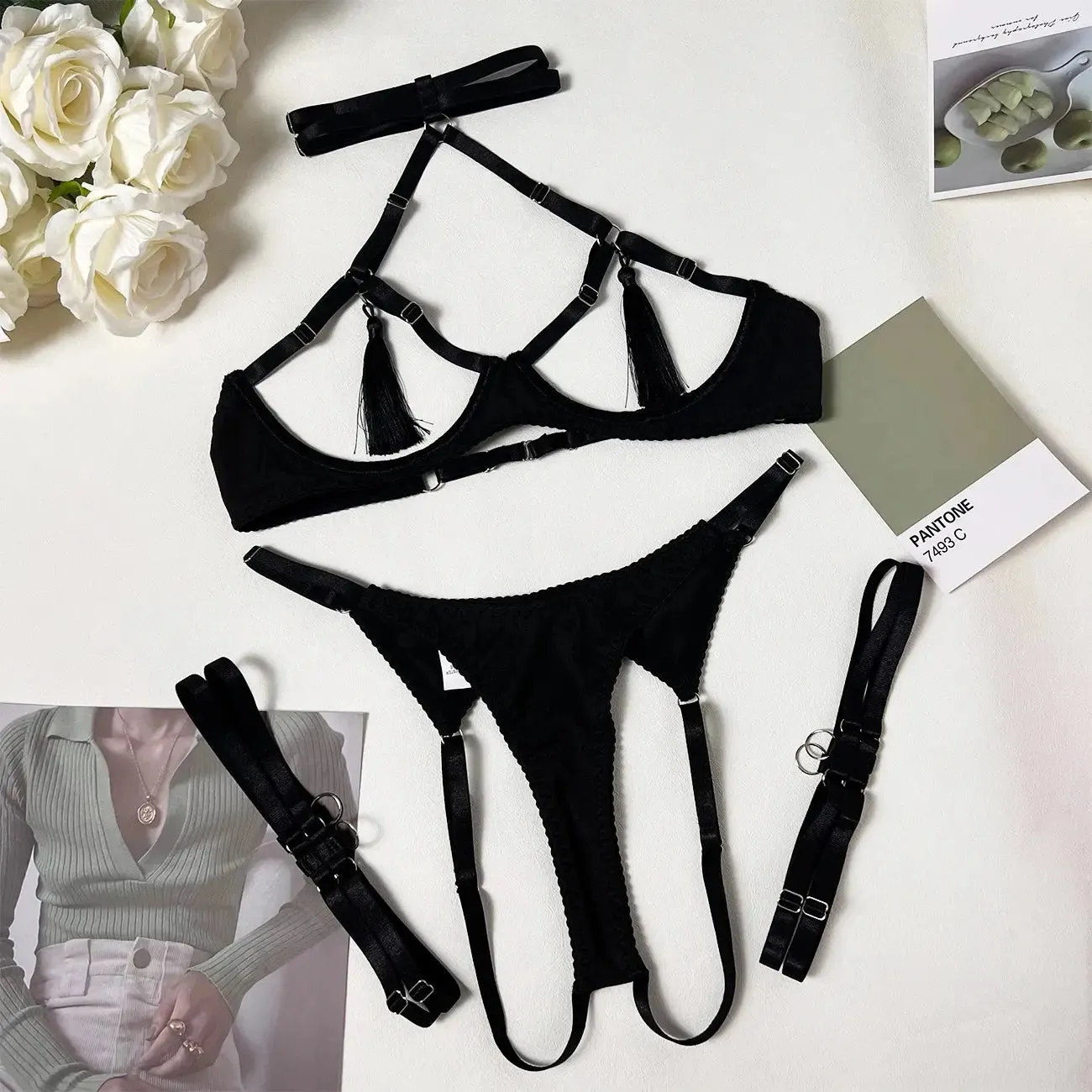 Tassel Open Bra Crotchless Lingerie Set