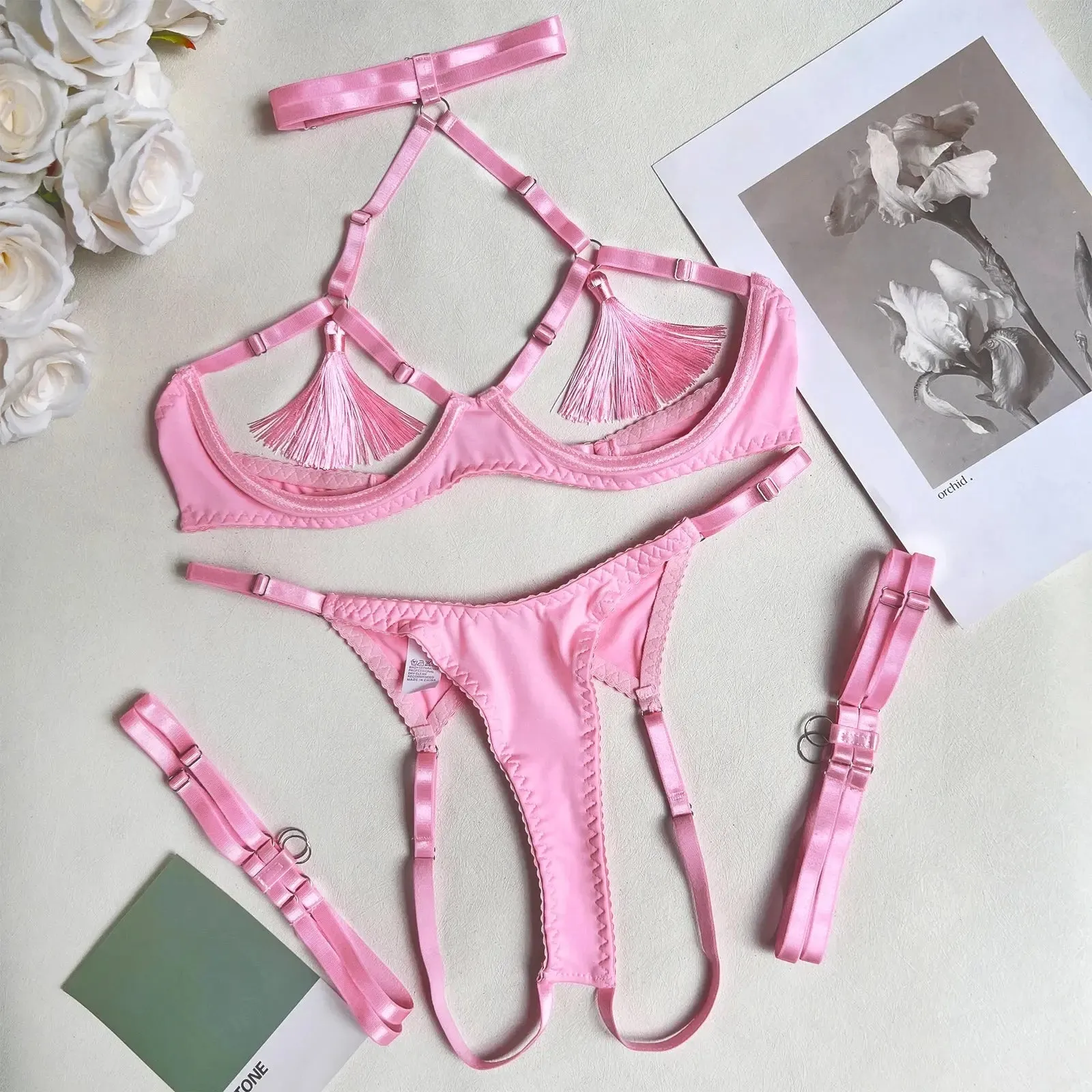 Tassel Open Bra Crotchless Lingerie Set