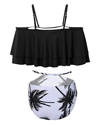 Tummy Control Bikini Set For Women Ruffle Off Shoulder Top-Black Palm Tree