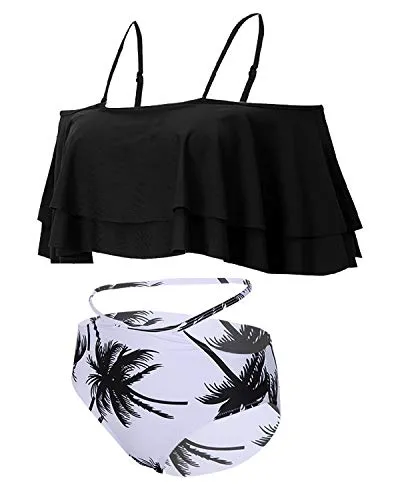 Tummy Control Bikini Set For Women Ruffle Off Shoulder Top-Black Palm Tree