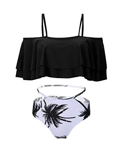 Tummy Control Bikini Set For Women Ruffle Off Shoulder Top-Black Palm Tree