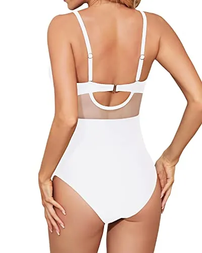 Tummy Control Cutout Mesh One Piece Bathing Suits For Women-White