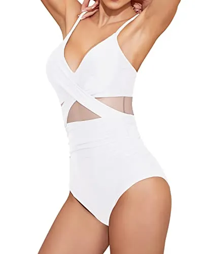 Tummy Control Cutout Mesh One Piece Bathing Suits For Women-White