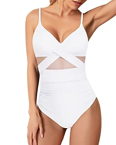 Tummy Control Cutout Mesh One Piece Bathing Suits For Women-White