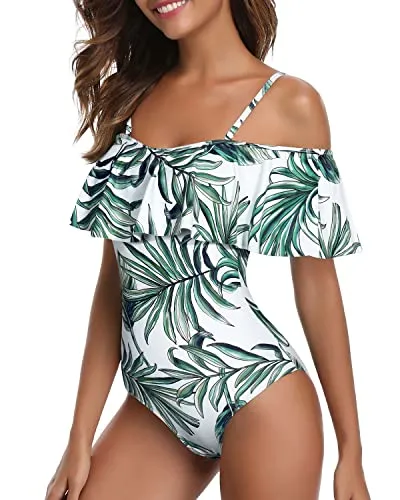 Tummy Control Flounce Ruffled One Piece Swimwear For Women-Green Leaf