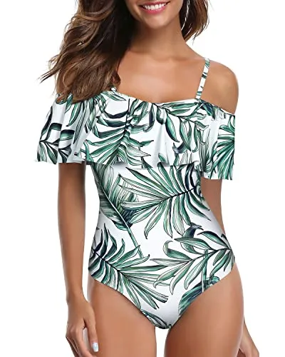 Tummy Control Flounce Ruffled One Piece Swimwear For Women-Green Leaf