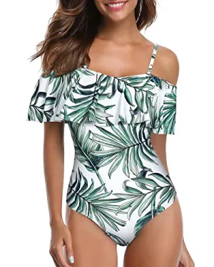 Tummy Control Flounce Ruffled One Piece Swimwear For Women-Green Leaf