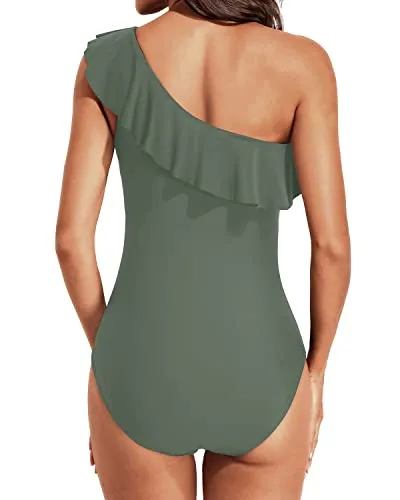 Tummy Control Ruffle One Shoulder Swimwear-Army Green