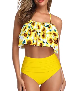 Two Piece Bikini Swimsuit Tiered Ruffles-Yellow And Sunflower