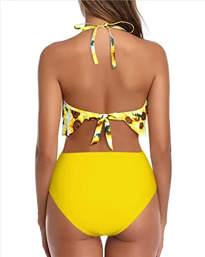 Two Piece Bikini Swimsuit Tiered Ruffles-Yellow And Sunflower