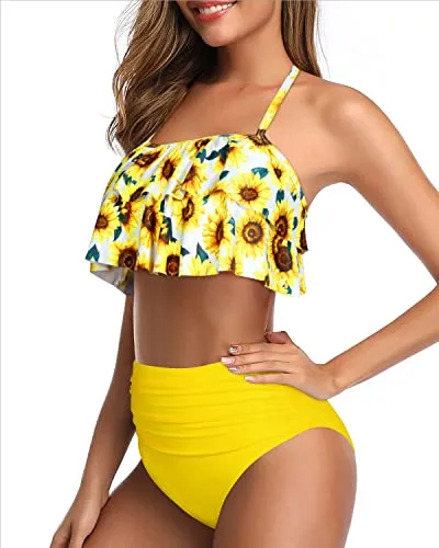 Two Piece Bikini Swimsuit Tiered Ruffles-Yellow And Sunflower