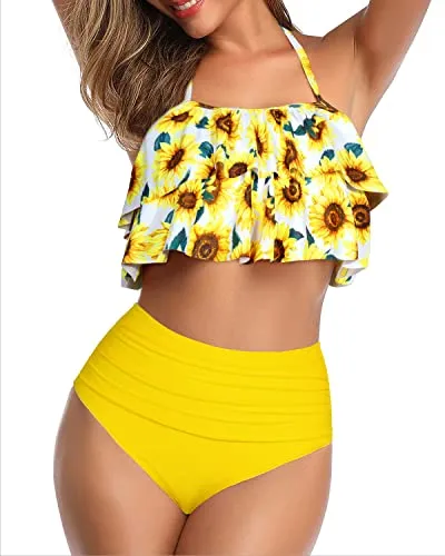 Two Piece Bikini Swimsuit Tiered Ruffles-Yellow And Sunflower