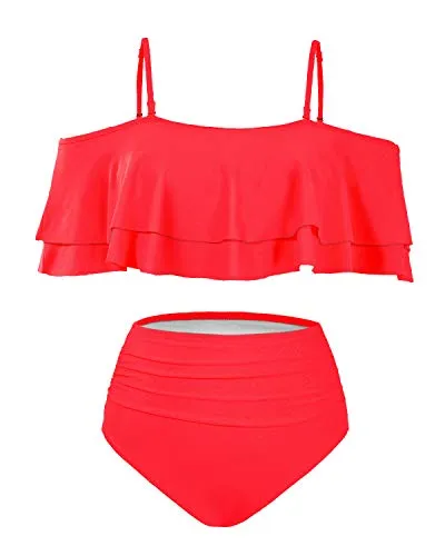 Two Piece Curvy Off Shoulder High Waisted Bikini Set-Neon Red