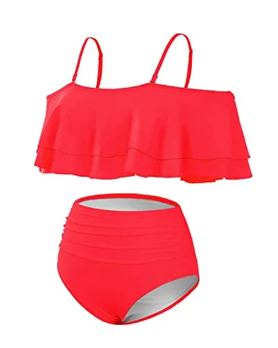 Two Piece Curvy Off Shoulder High Waisted Bikini Set-Neon Red