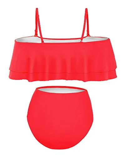 Two Piece Curvy Off Shoulder High Waisted Bikini Set-Neon Red