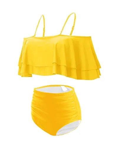Two Piece Cute Ruffle Sleeve High Waisted Bikini Set Swimsuit-Neon Yellow