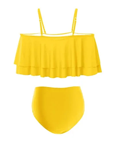Two Piece Cute Ruffle Sleeve High Waisted Bikini Set Swimsuit-Neon Yellow