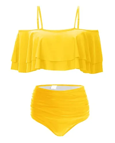 Two Piece Cute Ruffle Sleeve High Waisted Bikini Set Swimsuit-Neon Yellow