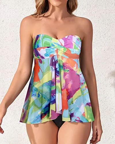 Two Piece Flyaway Strapless Bandeau Tankini Swimsuit For Women-Color Tie Dye
