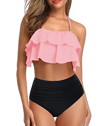 Two Piece Halter Swimsuits High Waisted Bikini Set-Pink And Black