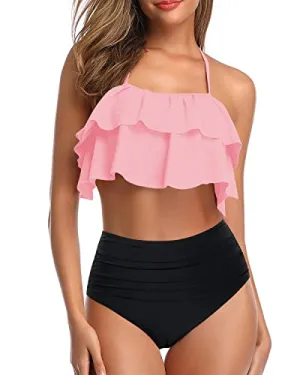 Two Piece Halter Swimsuits High Waisted Bikini Set-Pink And Black