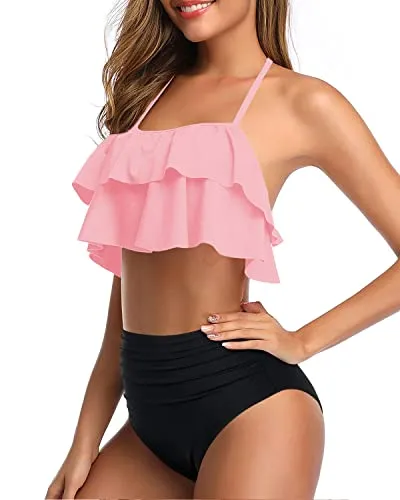 Two Piece Halter Swimsuits High Waisted Bikini Set-Pink And Black