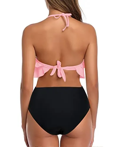 Two Piece Halter Swimsuits High Waisted Bikini Set-Pink And Black
