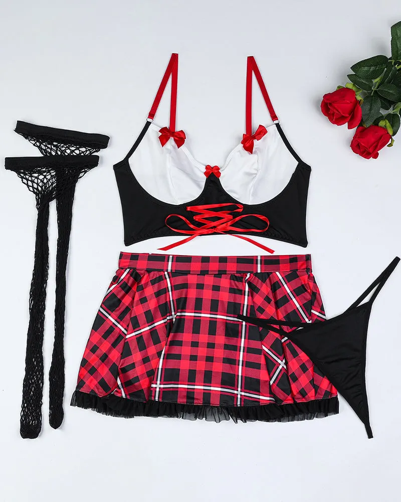 Uniform Bow Plaid Lingerie Set