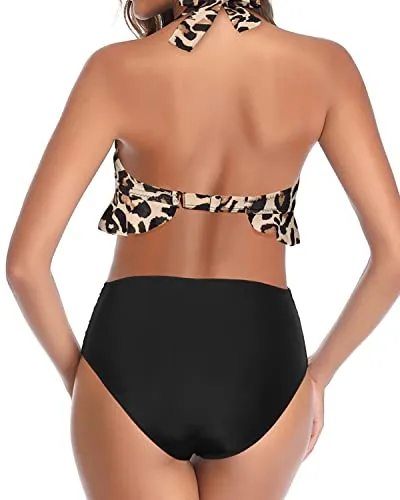 Vintage Bathing Suit Set Two Piece Swimsuits-Black And Leopard