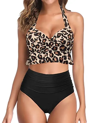 Vintage Bathing Suit Set Two Piece Swimsuits-Black And Leopard