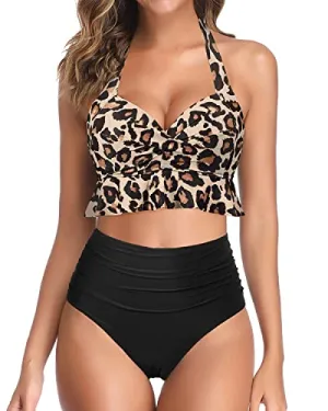 Vintage Bathing Suit Set Two Piece Swimsuits-Black And Leopard