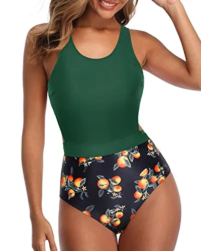 Women's One Piece Swimsuits Tummy Control Cutout Bathing Suit-Green
